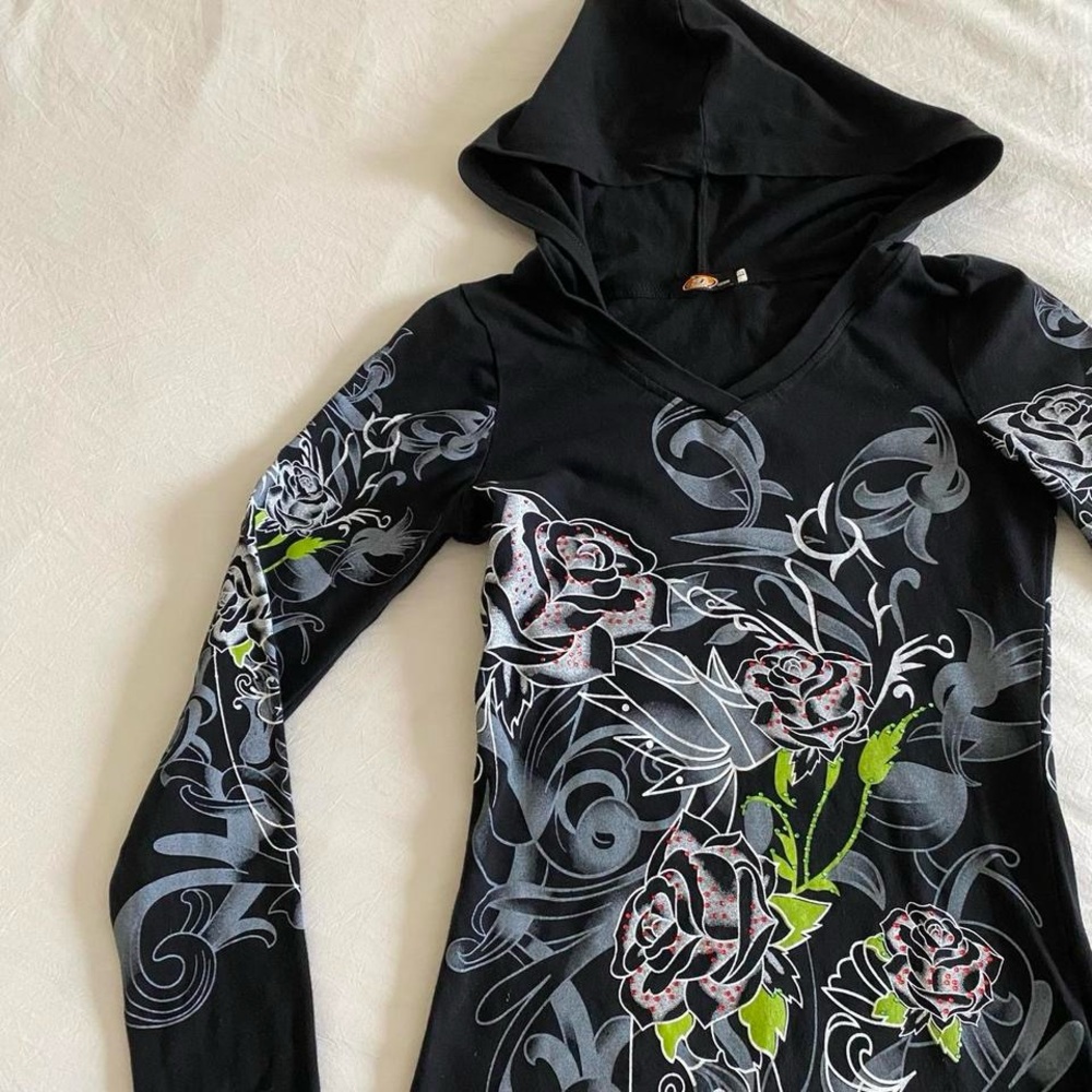 Y2k long sleeve hooded mini dress with rhinestones rose & tribal pattern - Picture 6 of 8